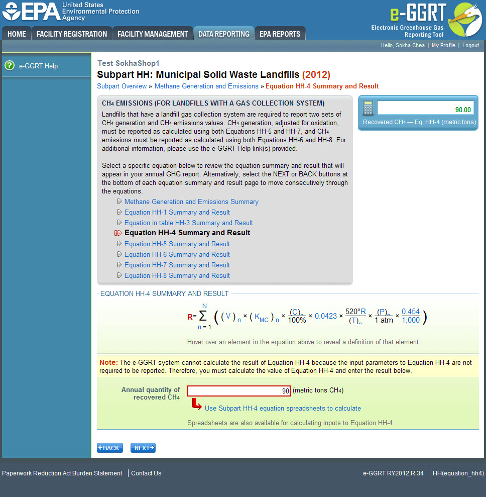 Subpart HH: Equation HH-4 Summary and Result
